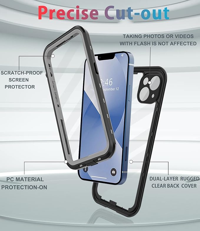 for iPhone 13 Case Waterproof Shockproof Dustproof Full-Body Sturdy with Camera Lens Protector and Built-in Screen Protector,Underwater Full Sealed Cover Protective for iPhone 13(Black)