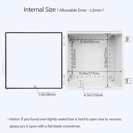 LeMotech Electrical Box, IP67 Waterproof Hinged Clear Cover Stainless Steel Latch Junction Box, ABS Plastic Electrical Enclosure with Mounting Plate,Wall Brackets, Cable Glands,11.8"x11.8"x7.1", Grey