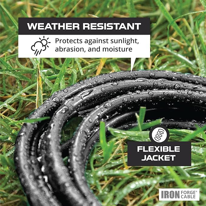 Iron Forge Cable 50 ft Lighted Outdoor Extension Cord - 10/3 SJTW Heavy Duty Black Extension Cable with 3 Prong 15 AMP Grounded Plug for Safety
