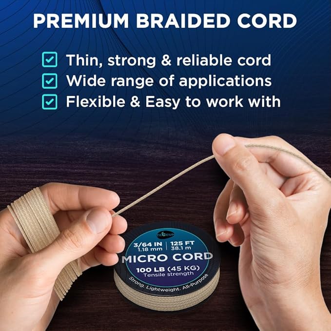 TECEUM Micro Paracord – 1.18 mm X 125 ft – Micro Utility Cord – Thin Braided Paracord Rope – Best for Crafting, DIY Projects, Fishing, Camping – Wind Chime Replacement – Survival Strong String