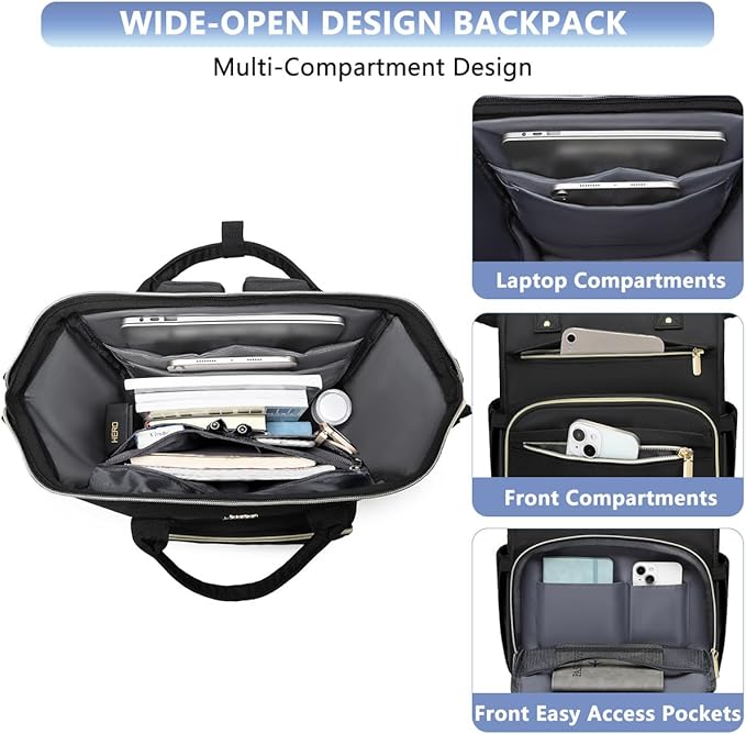 Focdod Women Laptop Backpack Work Bag - Fits 17.3 inch with Laptop Compartment Waterproof Professional Fashion Travel Purse for College Nurse Business Computer Backpack Black