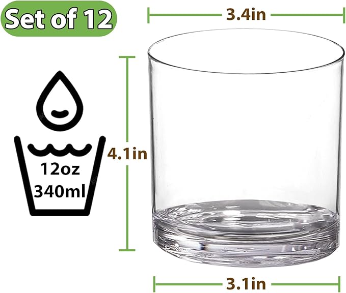 12 oz Drinking Glass Sets, Set of 12 Plastic Cups Unbreakable Drinkware Glasses Set Tumblers & Water Glasses Acrylic Clear Drinking Glasses, BPA-Free Beer Glasses for Home & Outdoors, Dishwasher Safe