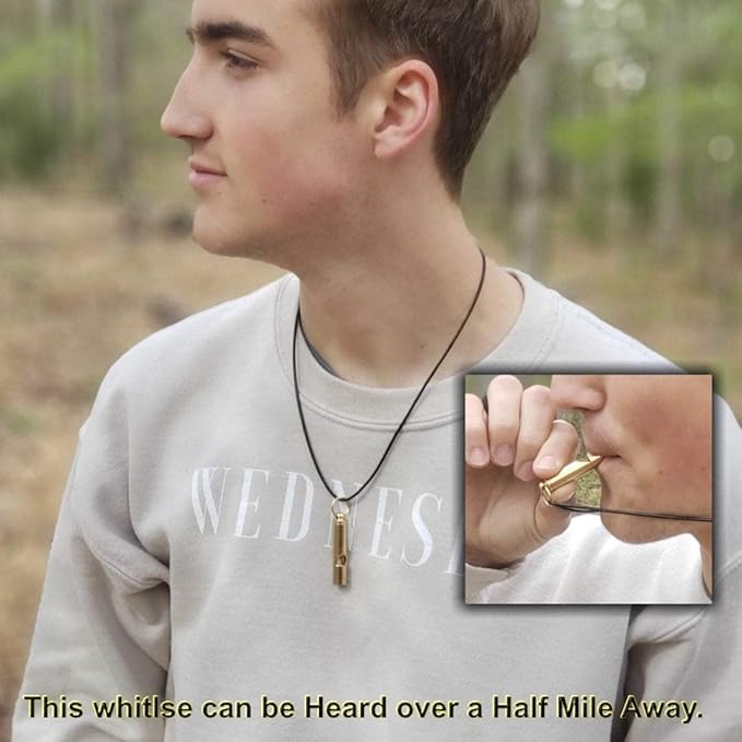 Brass Compass with Solid Brass Whistle - Survival Set - 105 Decibels - Carry in Pocket or on Necklace - Two Pieces