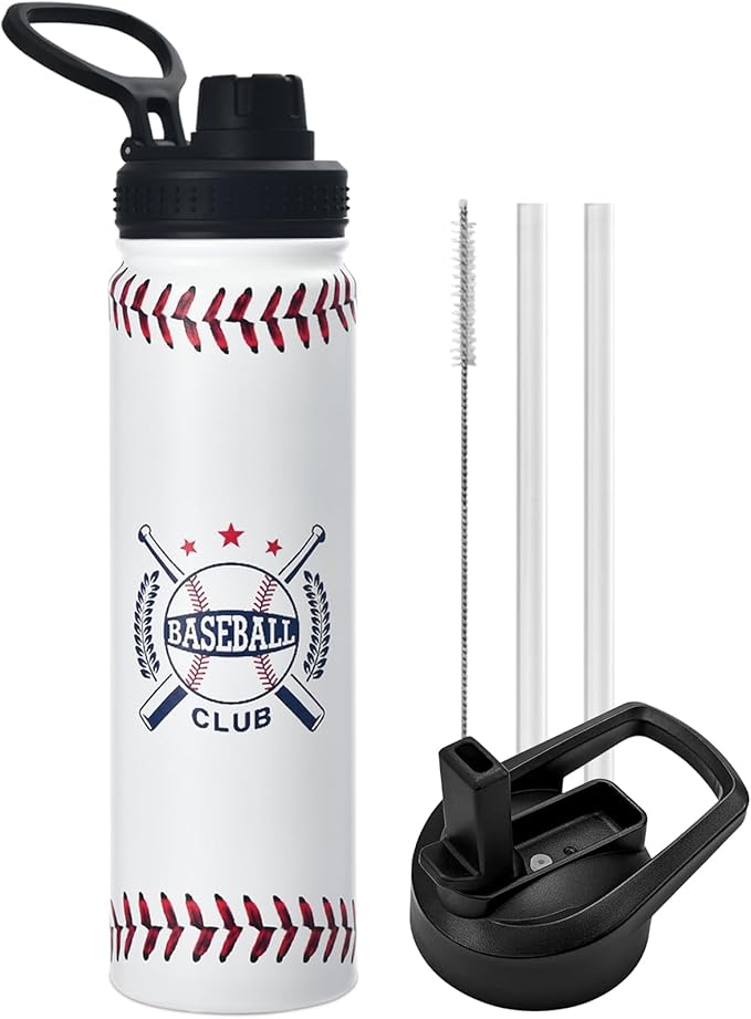 Baseball Water Bottle, 24 oz Insulated Stainless Steel Sports Bottle with Straw, Baseball Stuff Gifts for Boys