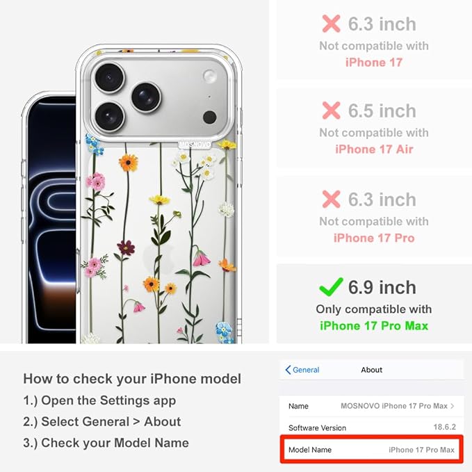 MOSNOVO for iPhone 17 Pro Max Case | Military Grade 6.6ft Drop Tested | Camera Control | Clear with Wildflowers Design