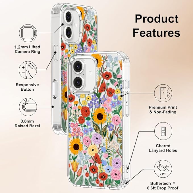 MOSNOVO Case for iPhone 16 Plus, [Buffertech 6.6ft Military-Grade Drop Protection] [Anti Peel Off Tech] Clear TPU Bumper Phone Case Cover Design - Blossom & Bloom
