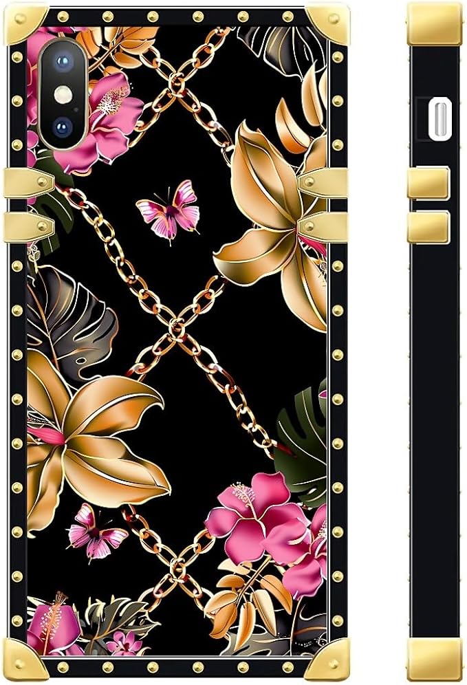 Compatible with iPhone XR Case, Pink Golden Chain Tropical Flower Luxury Golden Decoration for Girl Women Soft TPU Shockproof Protective Hard PC Back for iPhone XR
