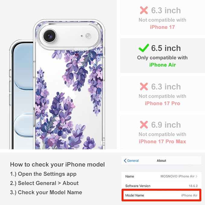 MOSNOVO for iPhone Air Case | Military Grade 6.6ft Drop Tested | Camera Control | Clear with Lavender Design