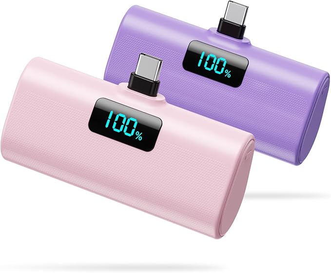 [2-Pack]Small Portable Charger 5200mAh, Upgraded PD USB C Power Bank Built-in USB-C Connector,LCD Display Battery Pack Compatible with iPhone 15/15 Plus/15 Pro/15 Pro Max/Samsung Android(Pink+Purple)