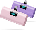[2-Pack]Small Portable Charger 5200mAh, Upgraded PD USB C Power Bank Built-in USB-C Connector,LCD Display Battery Pack Compatible with iPhone 15/15 Plus/15 Pro/15 Pro Max/Samsung Android(Pink+Purple)
