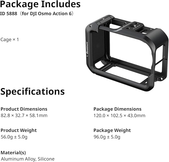 SMALLRIG Action 6 Cage for DJI Osmo Action 6 with Expansion Interfaces, Cold Shoe, 1/4"-20 Threaded Hole, Quick Release, Aluminum Action Camera Cage for DJI Action 6, Protective Frame Cage - 5888