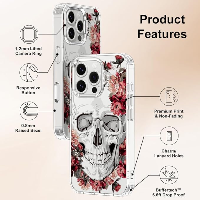 MOSNOVO Case for iPhone 16 Pro, [Buffertech 6.6ft Military-Grade Drop Protection] [Anti Peel Off Tech] Clear TPU Bumper Phone Case Cover Design - Red Flower Skull