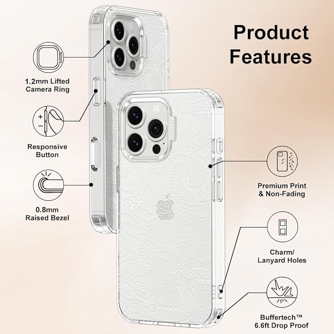 MOSNOVO Case for iPhone 16 Pro Max, [Buffertech 6.6ft Military-Grade Drop Protection] [Anti Peel Off Tech] Clear TPU Bumper Phone Case Cover Design - White Dragon