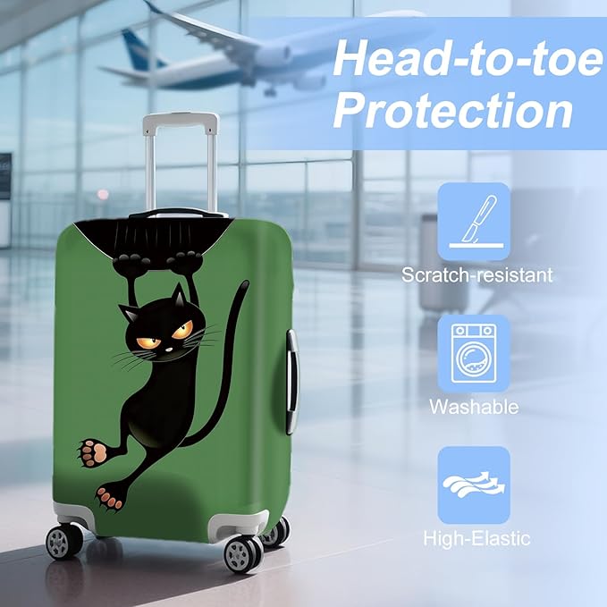 ANNA QUEEN Black Cat Hanging Cartoon Luggage Cover,Cute Stretchable Suitcase Protector Sleeve,Washable Fit for 28-30 Inch Checked Baggage,Water Resistant Durable Luggage Protector