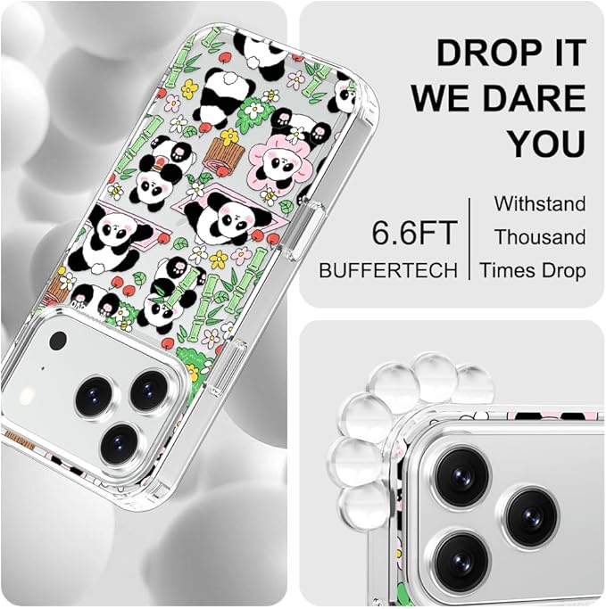 MOSNOVO for iPhone 17 Pro Case, Shockproof Military-Grade Protection 6.6ft Drop Tested, Camera Control, Clear Phone Case for iPhone 17 Pro, Kawaii Panda Garden Design