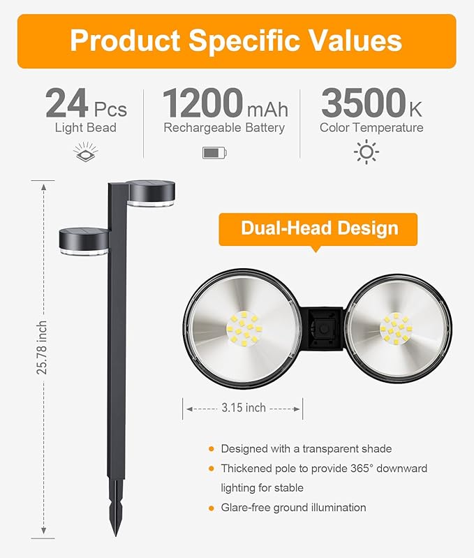 Solar Pathway Lights Outdoor Waterproof, 6 Pack Dual-Head Solar Lights Outdoor, 2X Brighter 24 LED Outdoor Solar Garden Light for Yard Path Walkway Driveway Solar Powered Landscape Lighting