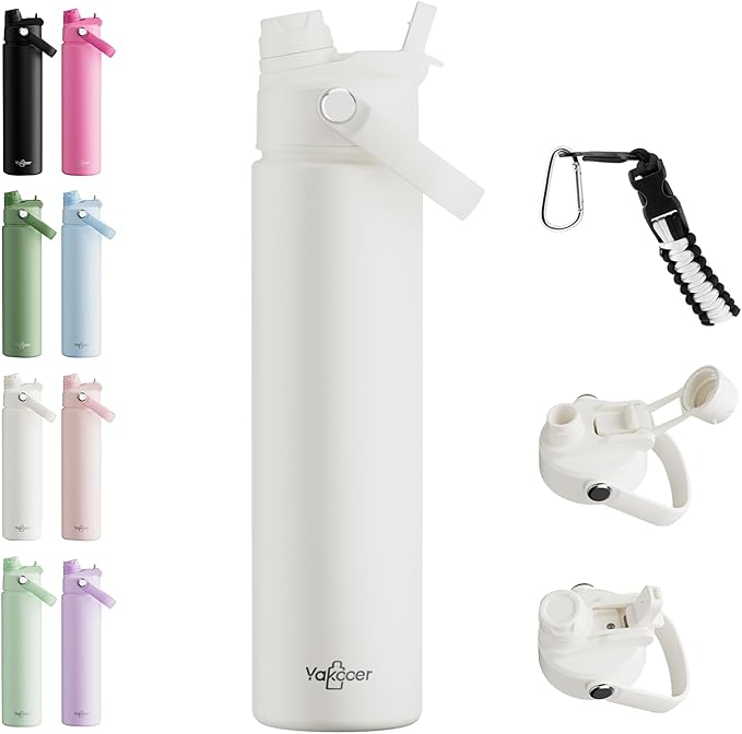 26oz Insulated Water Bottle with 2-in-1 Straw and Spout Lid, 304 Stainless Steel Water Bottle Keep Cold for 24H,Leak-Proof,Sports Water Bottle with Braided Carry Strap for Travel,Outdoors,Cream White