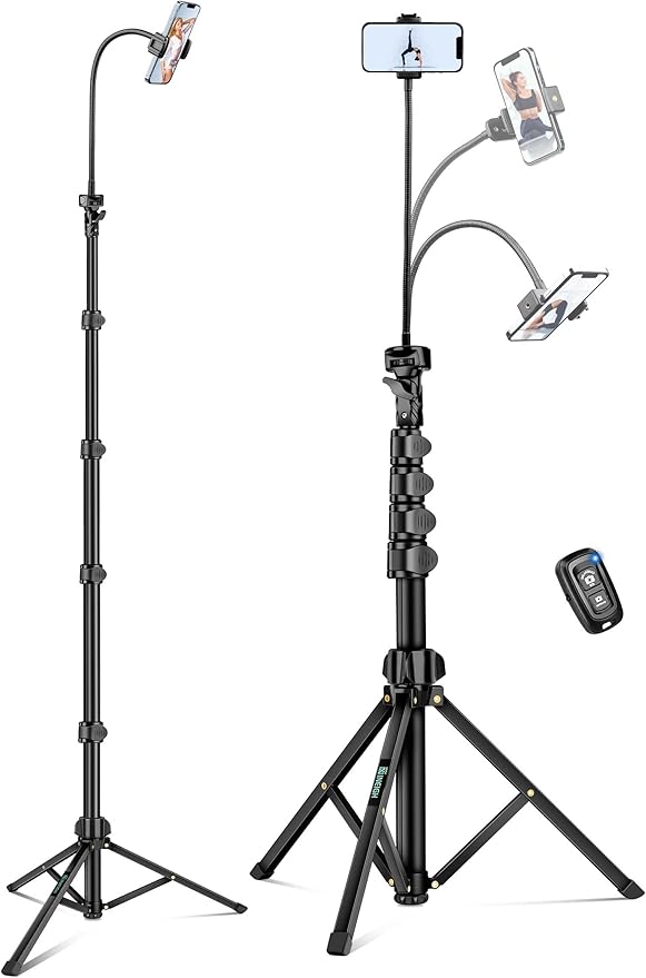 Nineigh Phone Tripod, 85" Tripod for Cell Phone iPhone with Gooseneck, Aluminum Tripods Stand for Video Recording Photo Vlog, Travel Cellphone Tripod with Remote Compatible with iPhone Android