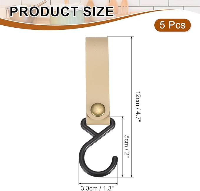 uxcell 5pcs PU Leather Hooks, Leather Straps with Hooks, S-Shape Hooks for Outdoor Camping Hanging Pots Pans Utensils White