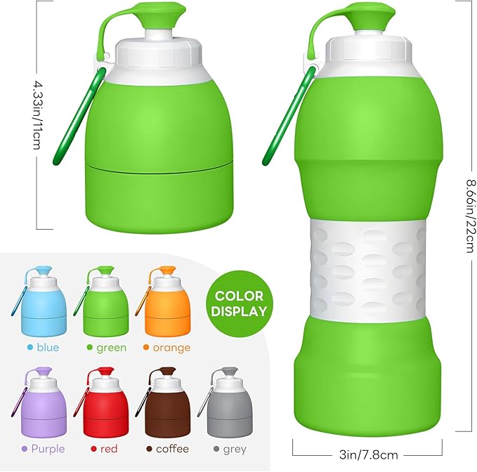 Collapsible Lightweight 20oz Water Bottle, Food-Grade Silicone BPA Free, Foldable Portable Leak Proof Office Travel Cycling Sports Outdoor Water Bottle with Vertical Hook (green, long nozzle)