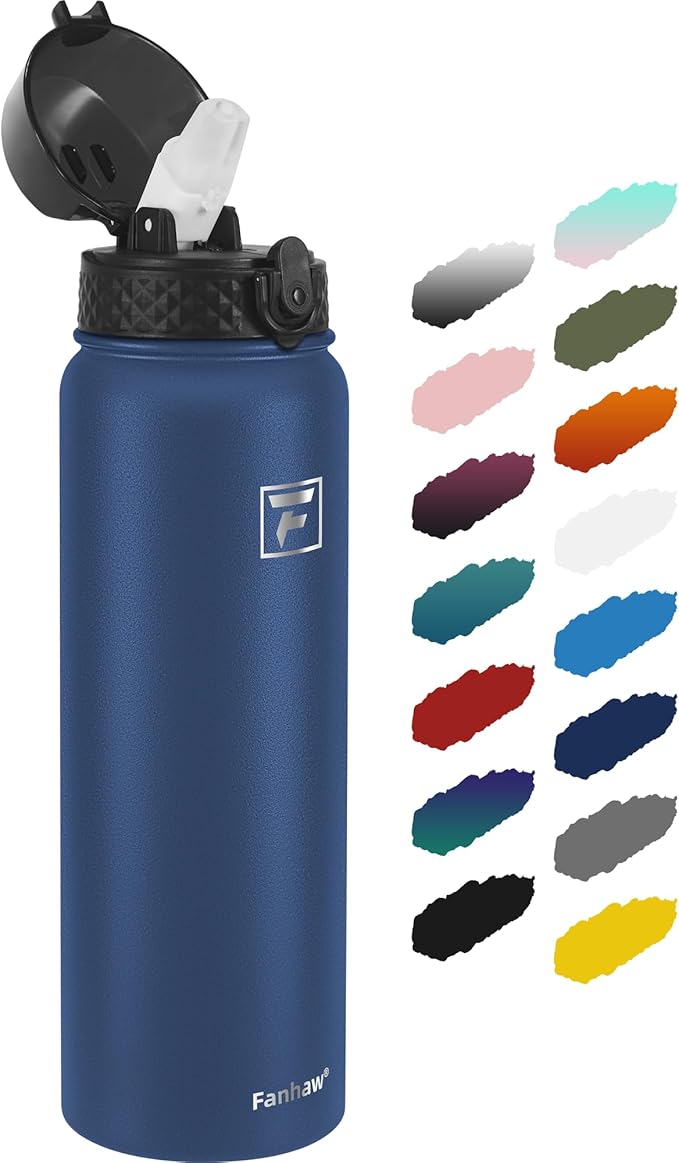 Fanhaw 32 oz Insulated Stainless Steel Water Bottle with Straw Lid, Leakproof Sports Bottle for Men, Women & Teens (Navy Blue)