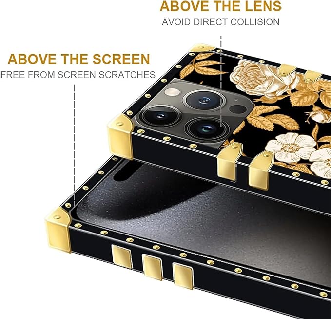 Compatible with iPhone 16 Pro Max Case, Blooming Rose Golden Flower Luxury Golden Decoration for Girl Women Soft TPU Shockproof Protective Hard PC Back for iPhone 16 Pro Max