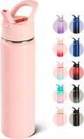 Fijinhom 24oz Insulated Stainless Steel Water Bottle with Straws, Double Wall Vacuum Insulated Bottles, Metal Thermo for Travel, Sports, Leak-Proof, BPA Free, Women & Men, Pink