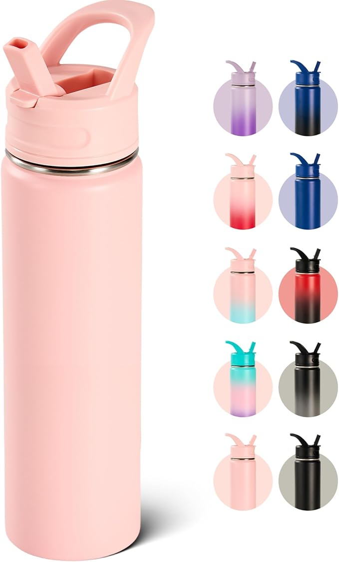 Fijinhom 24oz Insulated Stainless Steel Water Bottle with Straws, Double Wall Vacuum Insulated Bottles, Metal Thermo for Travel, Sports, Leak-Proof, BPA Free, Women & Men, Pink