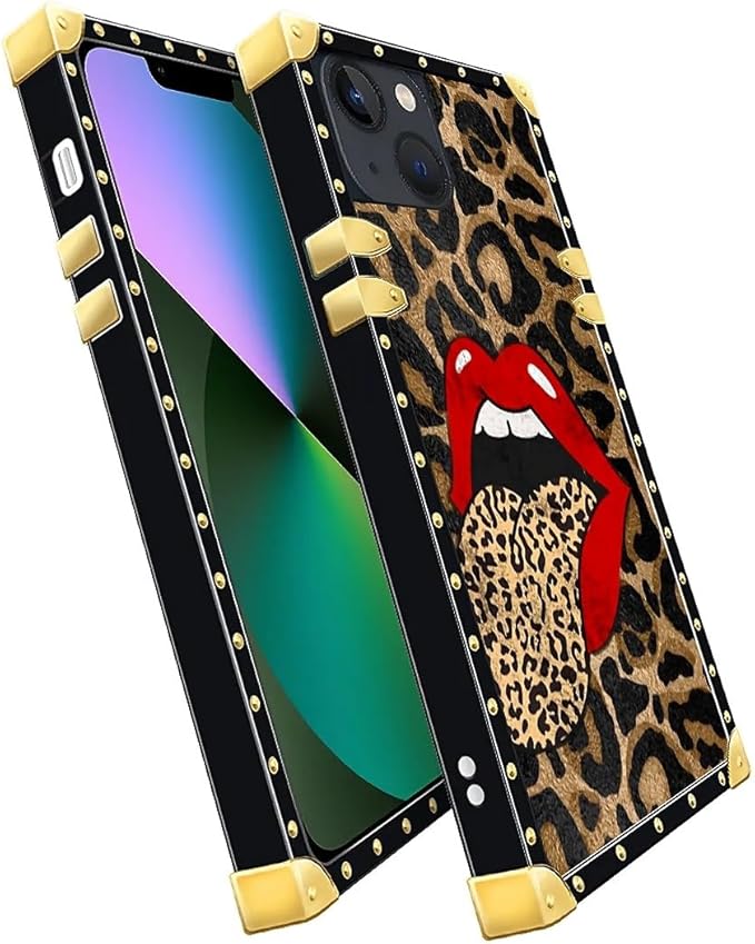 Compatible with iPhone 13 Case, Brown Leopard Print Mouth Luxury Golden Decoration for Girl Women Soft TPU Shockproof Protective Hard PC Back for iPhone 13