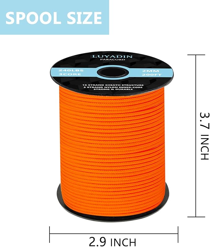 Paracord 240lb - Diameter 2mm Micro Utility Cord -3 Strand Parachute Spool Cord - 100ft 200ft,Paracord for Camping,Hiking,Fishing,Outdoor and DIY