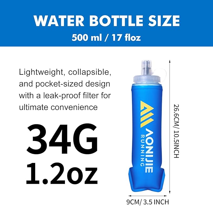 AONIJIE 500ml/2Pcs Soft Flask Collapsible Water Bottle for Running, Wide Mouth for Ice, BPA-Free Flexible Running Water Bottle Fits Hydration Vests, Foldable & Lightweight