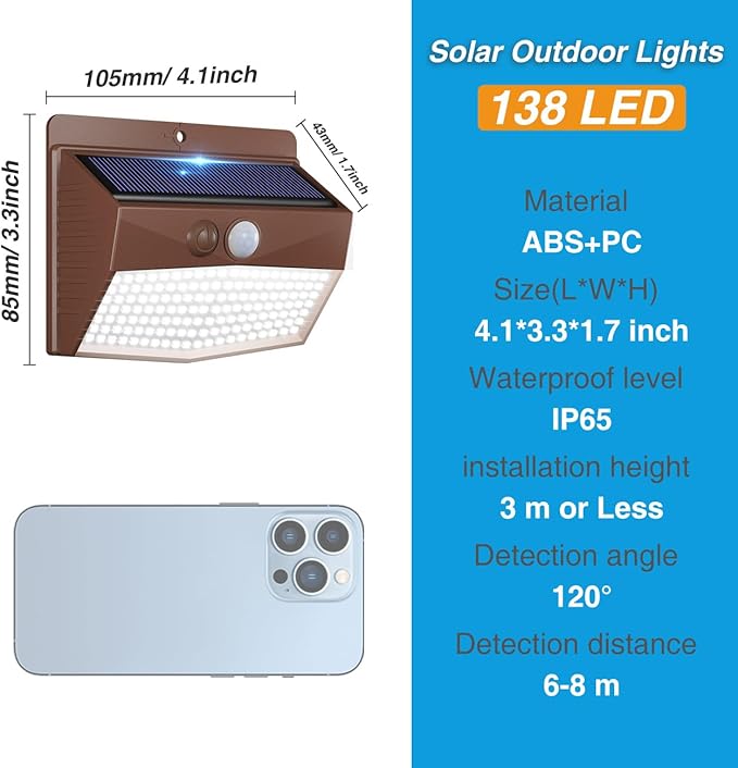 Peasur Solar Outdoor Lights, [8 Packs] Motion Sensor Security Lights with 3 Lighting Modes Wall Lights Waterproof Solar Powered Lights for Garden Yard, Brown