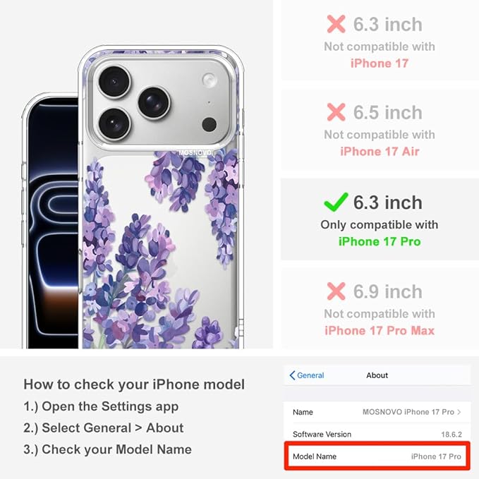 MOSNOVO for iPhone 17 Pro Case | Military Grade 6.6ft Drop Tested | Camera Control | Clear with Lavender Design