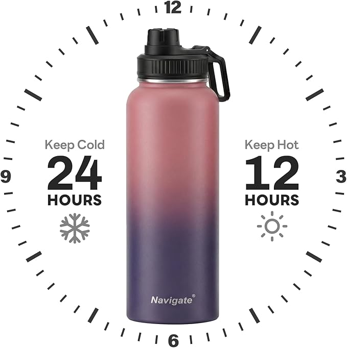 Navigate 40 oz Insulated Stainless Steel Sports Water Bottle with Spout & Handle Lids,Wide Mouth Water Jug with Double Walled Leak Proof Keep Cold for 24 Hrs Hot for 12 Hrs, Red to Black