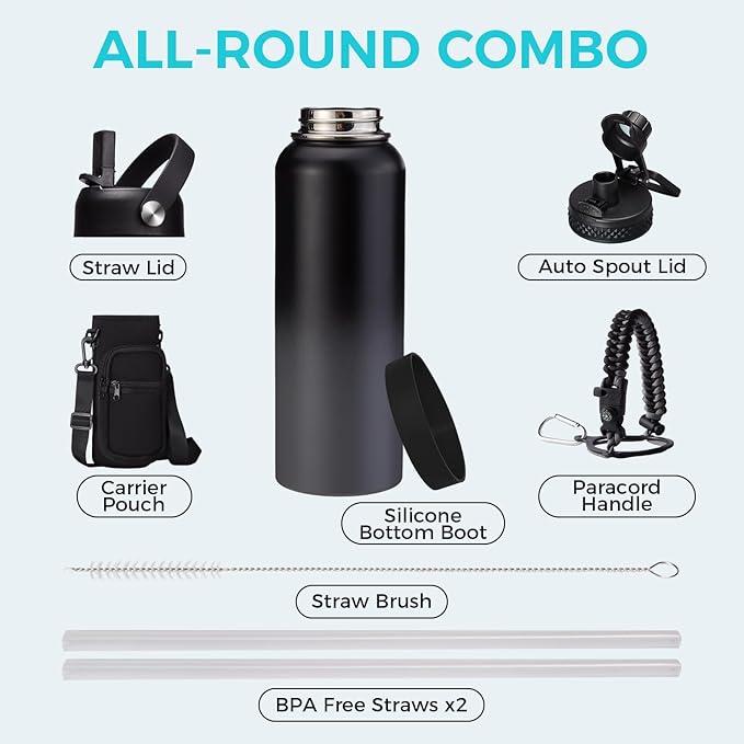 40 oz Water Bottles Insulated - Wide Mouth Stainless Steel Water Bottle with Straw, Spout Lid, Paracord Handle, Carrier Bag, Protective Boot, Metal Water Jug Keep Cold 48H Hot 24H, Hydro Mug Flask