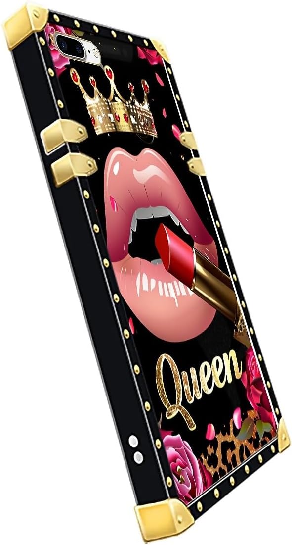 Compatible with iPhone 8 Plus 7 Plus Case, Glitter Red Rose Queen Leopard Lipstick Luxury Golden Decoration for Girl Women Soft TPU Shockproof Protective Hard PC Back