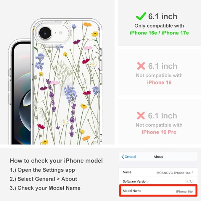 MOSNOVO for iPhone 17e Case/iPhone 16e Case, Shockproof Military-Grade Protection 6.6ft Drop Tested, Clear Phone Case for iPhone 16e / iPhone 17e, Floral Garden Design