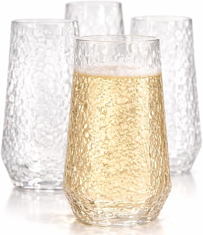 Oojami 48 Pack Plastic Champagne Flutes Disposable Stemless, 24 x 9oz Flutes & 24 x 12oz Cups, Mimosa Glasses Ribbed Ripple BPA-Free Shatterproof for Weddings Parties Events, (Hammered Diamond Clear)
