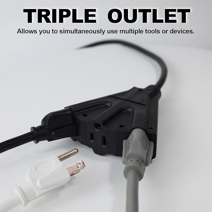 EP 15 Ft Outdoor Extension Cord with 3 Electrical Power Outlets - 16/3 SJTW Black Cable with 3 Prong Grounded Plug for Safety Great for Christmas Lights, Garden and Major Appliances