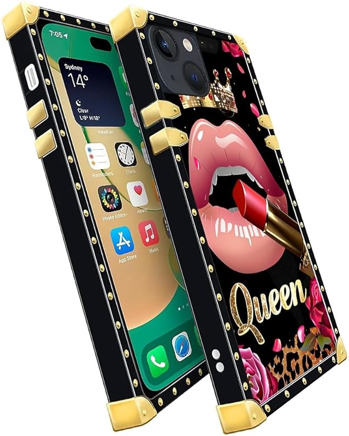 Compatible with iPhone 14 Case, Glitter Red Rose Queen Leopard Lipstick Luxury Golden Decoration for Girl Women Soft TPU Shockproof Protective Hard PC Back for iPhone 14