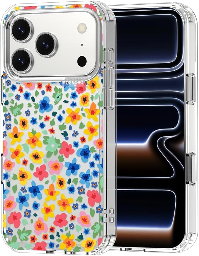 MOSNOVO for iPhone 17 Pro Case | Military Grade 6.6ft Drop Tested | Camera Control | Clear with Little Flowers Design