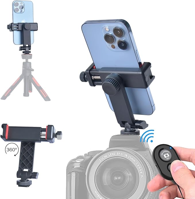 Ruittos Phone Tripod Mount with Remote Controller, New Universal Smartphone Mount Adapter with Cold Shoe, 360° Rotates Cell Phone Clip Clamp Holder, Compatible with iPhone, Samsung and All Phones