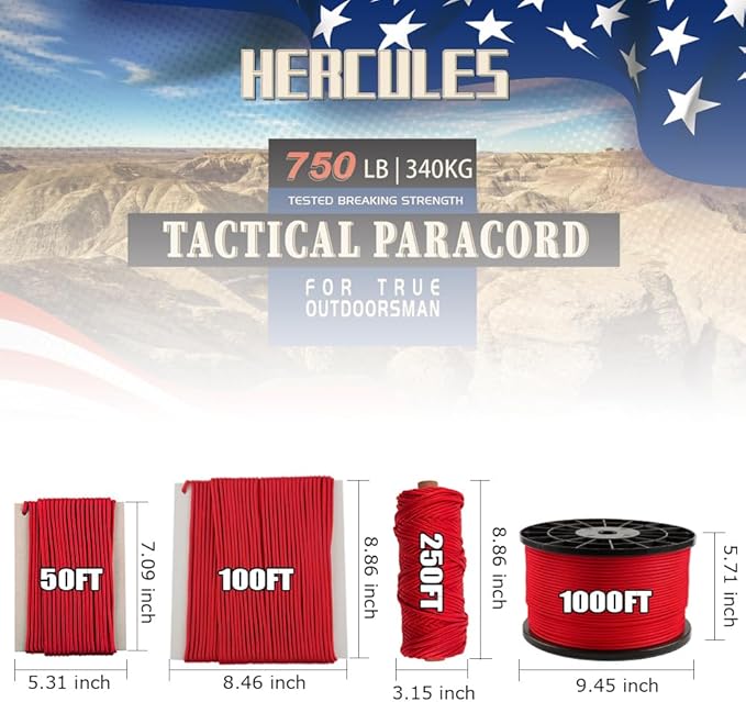 HERCULES 750lb Paracord 4mm 11 Strands Tactical Parachute Cord, 50' 100' 250' 1000' Utility Rope for Camping, Survival, Outdoor Gear (Imperial Red, 100FT)