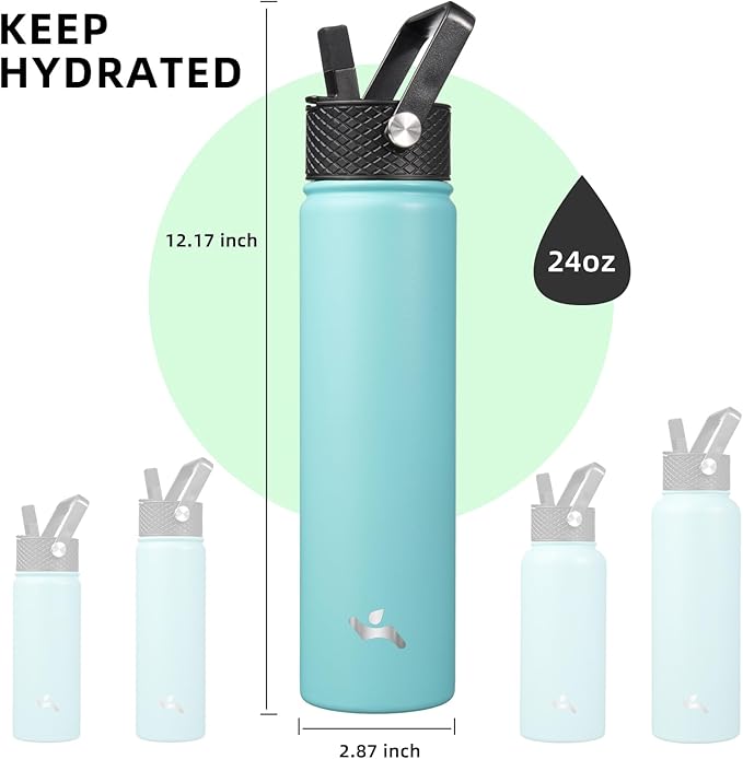 Konokyo Insulated Water Bottle 24oz Stainless Steel Sport Bottles with 3 Lids,Turquoise