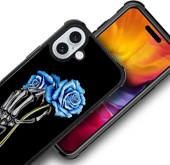 for iPhone 16 Case, Skeleton Holding Blue Rose Pattern Graphic Design Girl Boy Soft Silicone Hard Acrylic Shock Protection for iPhone 16