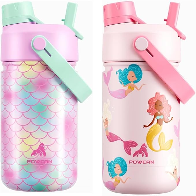 POWCAN 2 Pack 12 oz Kids Insulated Water Bottle for School: Leakproof, 2-in-1 Straw Spout Lid, BPA-Free, Keep Cold 24 Hrs, Stainless Steel Cup for Girls, Boys, Teens (Ocean Scales & Mermaid Friends)