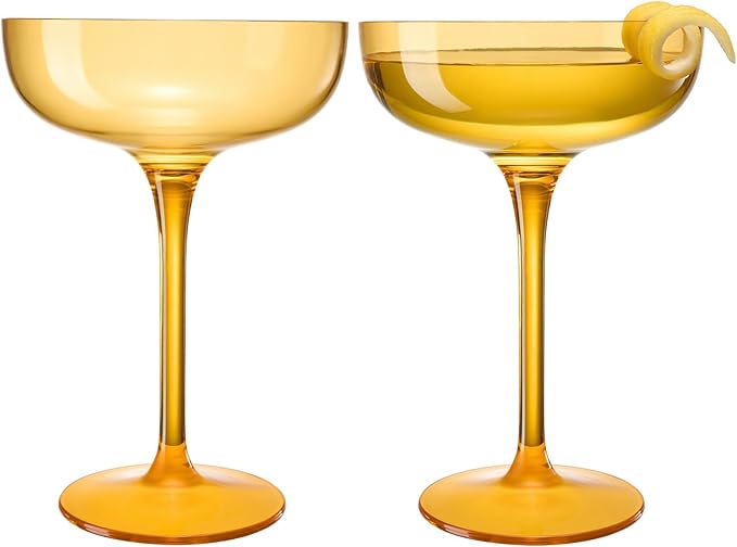 Acrylic Shatterproof Martini, Margarita, Champagne & Cocktail Unbreakable Glasses | Set of 2 | Large Plastic Coupe Glasses 15oz, Tritan Drinkware, BPA-free, Reusable, Pool, Indoor & Outdoor (Yellow)