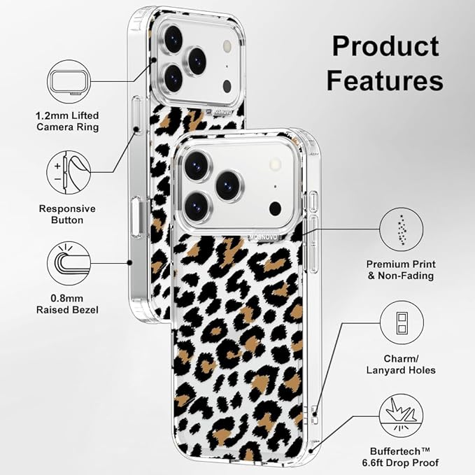 MOSNOVO for iPhone 17 Pro Case | Military Grade 6.6ft Drop Tested | Camera Control | Clear with Leopard Print Design