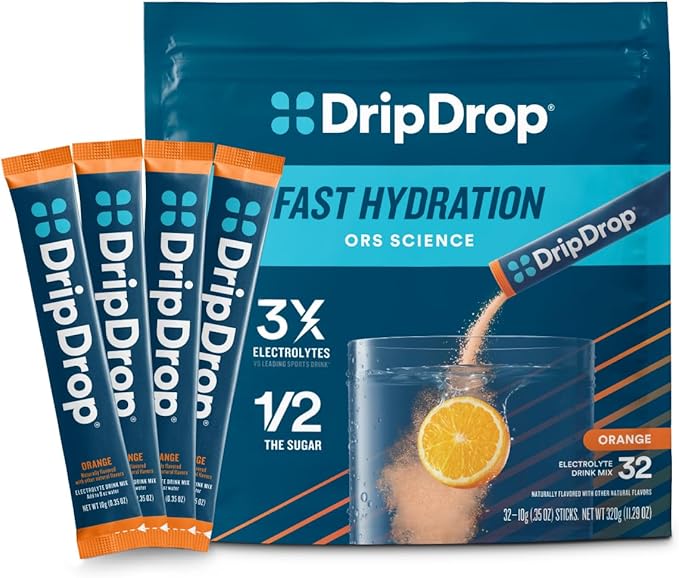 DripDrop Hydration Packets - Orange - Single Serve Electrolytes Powder Drink Mix - Non-GMO, Gluten Free, Vegan - 32 Sticks