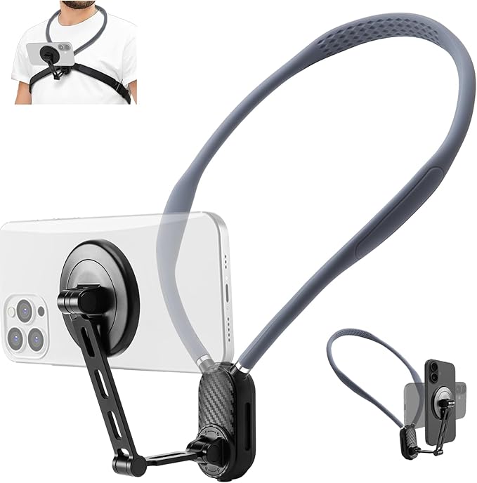 Magnetic Neck Phone Mount, Adjustable Chest Strap Neck Phone Holder for Recording, Hands Free POV/Vlog Phone Video Filming, Neck Cell Phone Chest Mount, Content Creator Essentials for iPhone Andriod